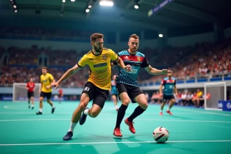 Match de handball masculin en arène couverte lors du H Cup 2026, deux joueurs en duel près du but