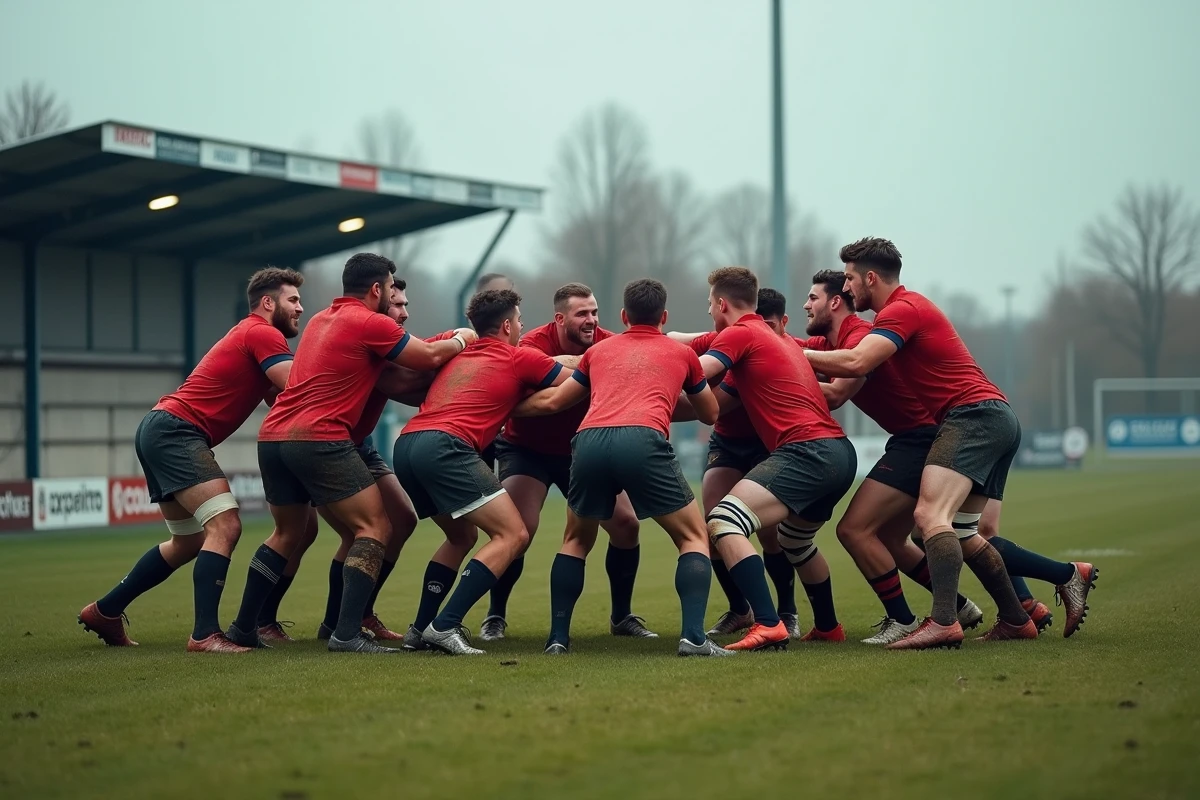 Équipe de jeunes rugbymen disputant une touche lors d'un match dans un stade de division régionale française, ambiance authentique de club amateur