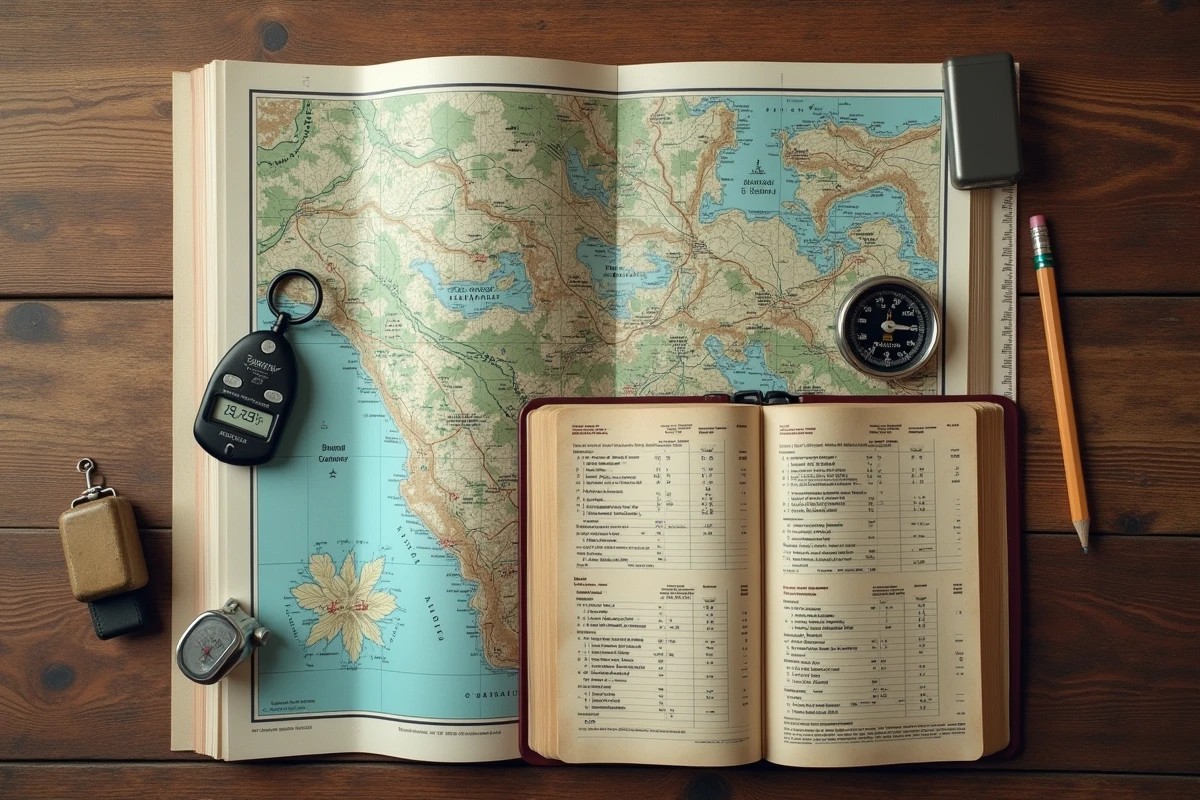 Vue de dessus d'une table en bois avec carte topographique, podomètre mécanique et guide de conversion de pas en kilomètres pour préparer un trek