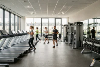Vue d'ensemble d'une grande salle de sport moderne dans la Sarthe avec équipements de fitness variés