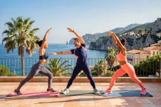 Coachs sportifs et clients s'étirant ensemble sur une terrasse ensoleillée avec vue sur la Méditerranée dans les Alpes-Maritimes