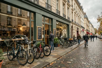 Rue animée avec plusieurs magasins de vélos en Pays de la Loire, vélos urbains et électriques exposés devant des vitrines en architecture française