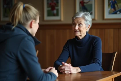 Mère et jeune athlète de haut niveau en conversation intime autour d'une table en bois, évoquant le soutien familial dans le sport de compétition