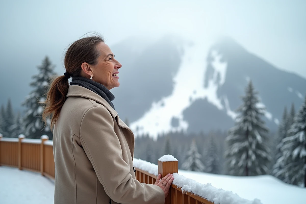 Mère d'athlète de ski alpin observant les pistes enneigées depuis un poste d'observation en montagne, regard fier et pensif