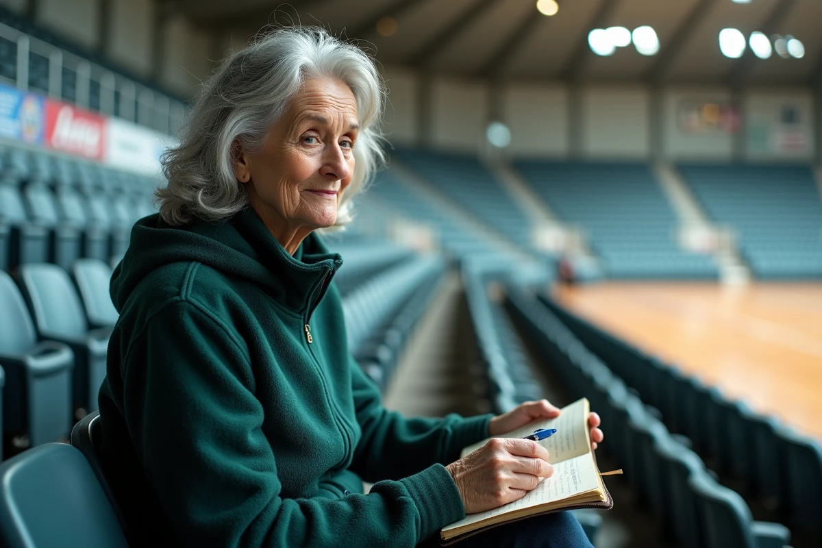 Mère d'une sportive de haut niveau seule dans les tribunes d'une salle de sport vide, tenant un carnet et réfléchissant aux sacrifices du sport de compétition