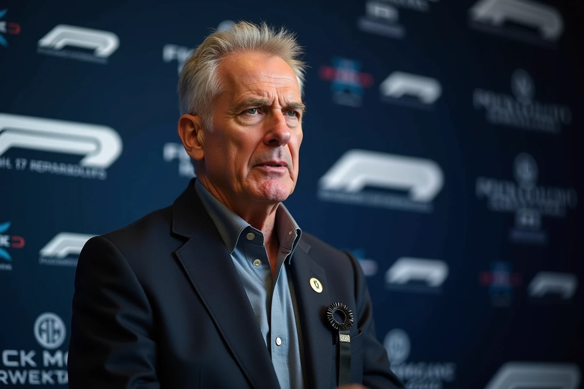 Officiel de la FIA en conférence de presse lors d'un moment historique de deuil en Formule 1, ruban de deuil épinglé sur le blazer