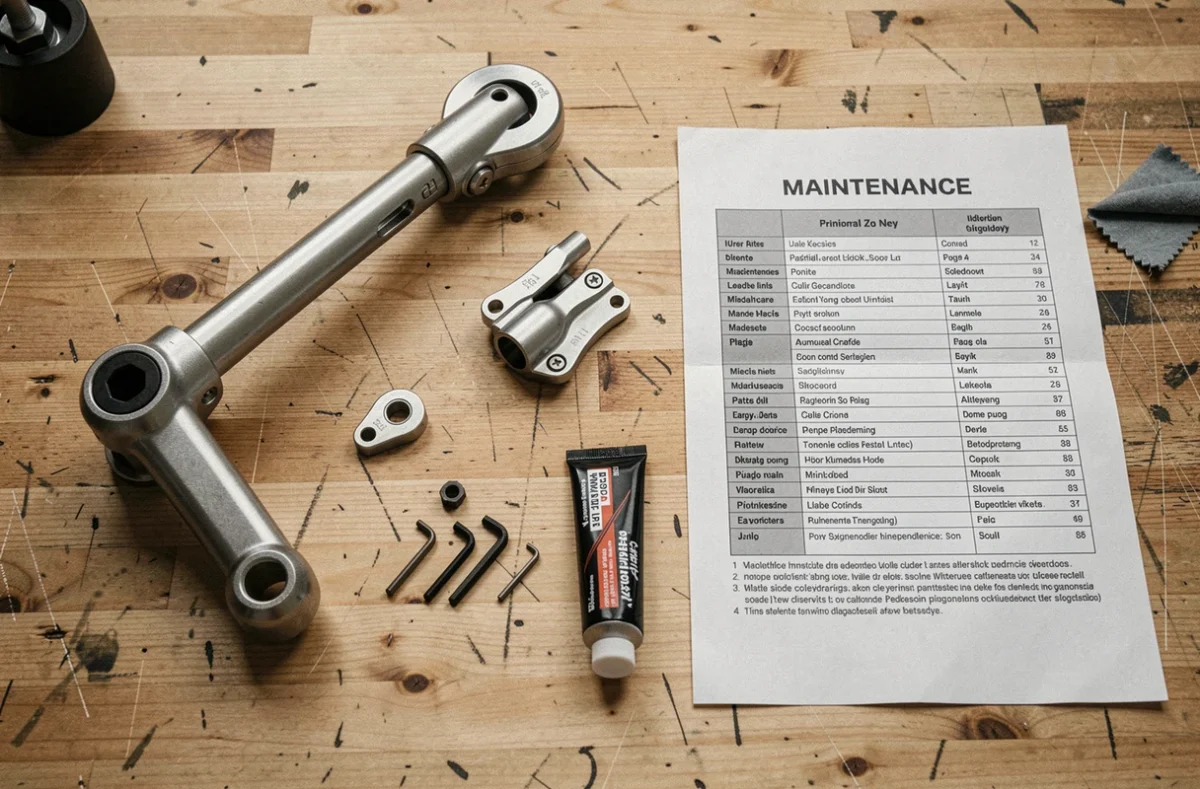 Vue de dessus des outils et pièces pour l'entretien d'une trottinette Urban Glide 140 sur un établi en bois