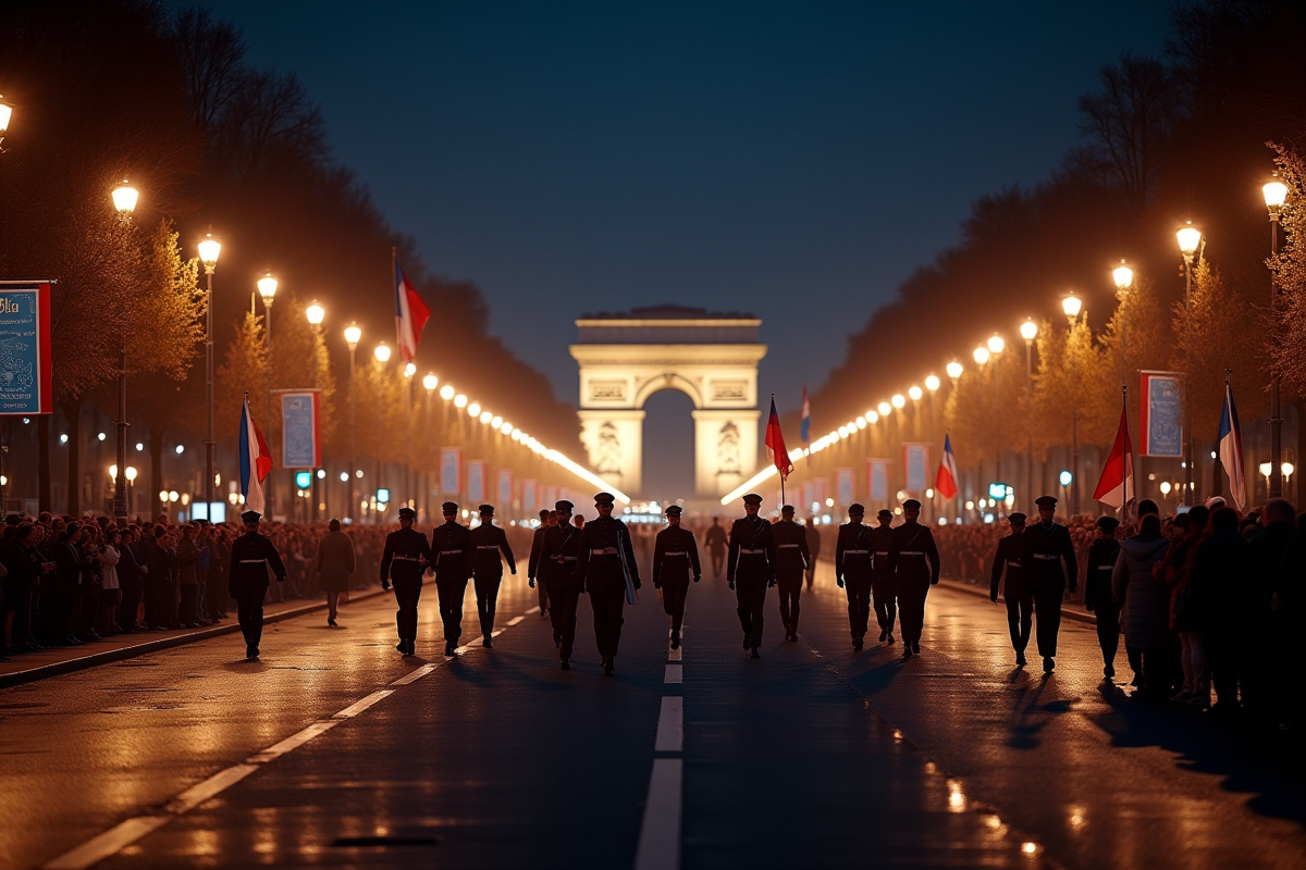 Défilé militaire nocturne sur les champs élysées à Paris