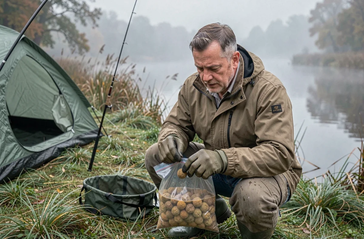 Pêcheur de carpe ajoutant des arômes liquides à ses bouillettes au bord d'une rivière en automne