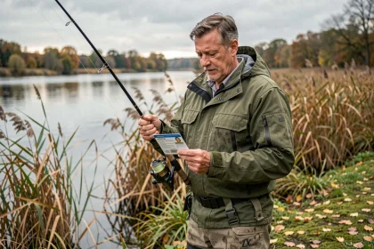 Pêcheur tenant sa carte de pêche au bord d'une rivière en automne