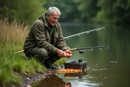 Homme en plein air préparant des bouillettes de pêche au bord du lac