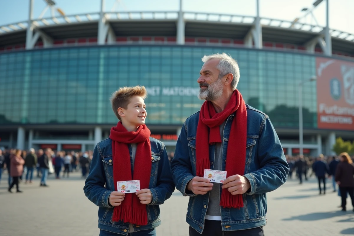Père et fils devant l'entrée du Groupama Stadium de Lyon tenant leurs billets avant un match de l'Olympique Lyonnais