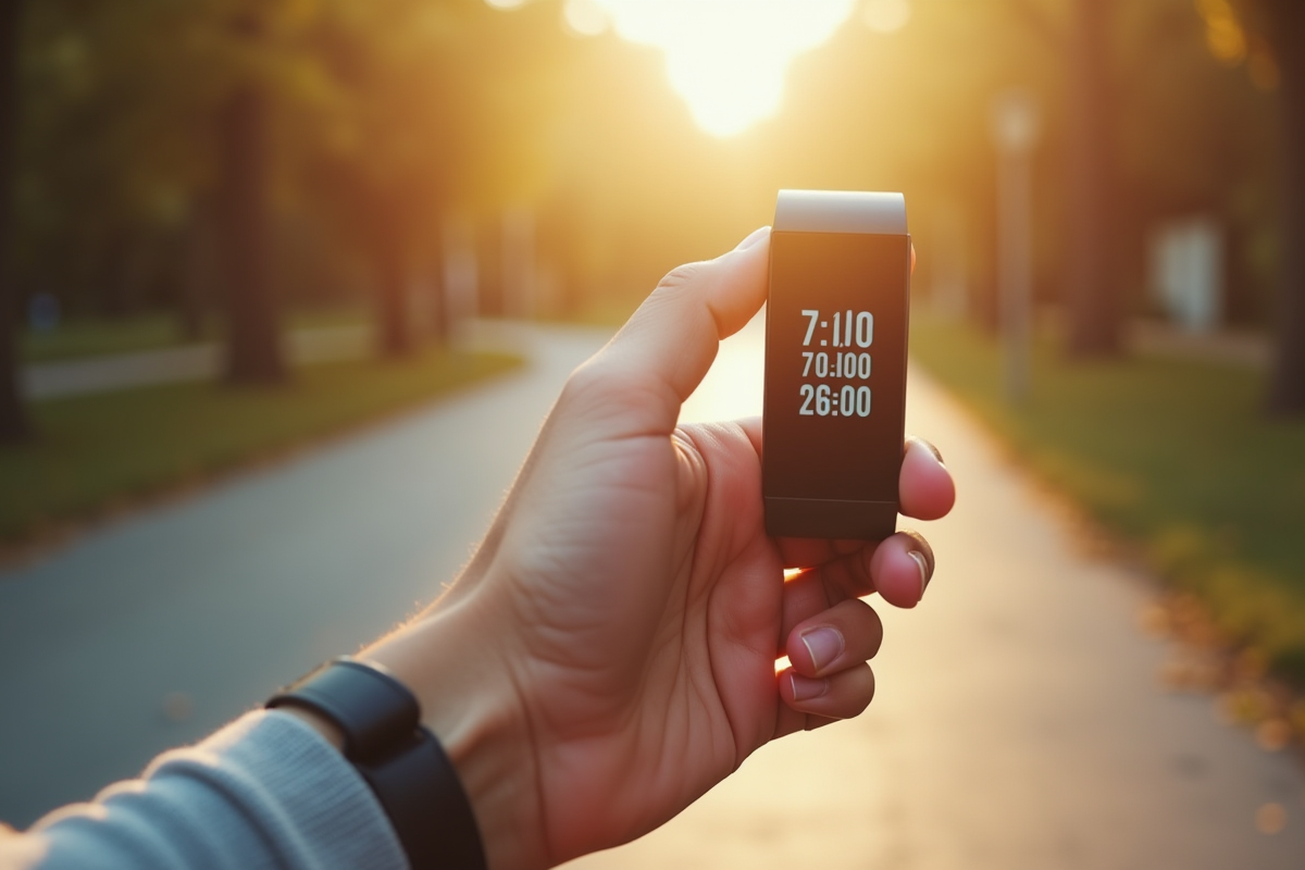 Personne souriante tenant un tracker de fitness montrant 7000 pas