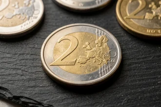 Pièce de 2 euros commémorative Jeux Olympiques 2026 en gros plan sur ardoise sombre avec détails gravés des anneaux olympiques