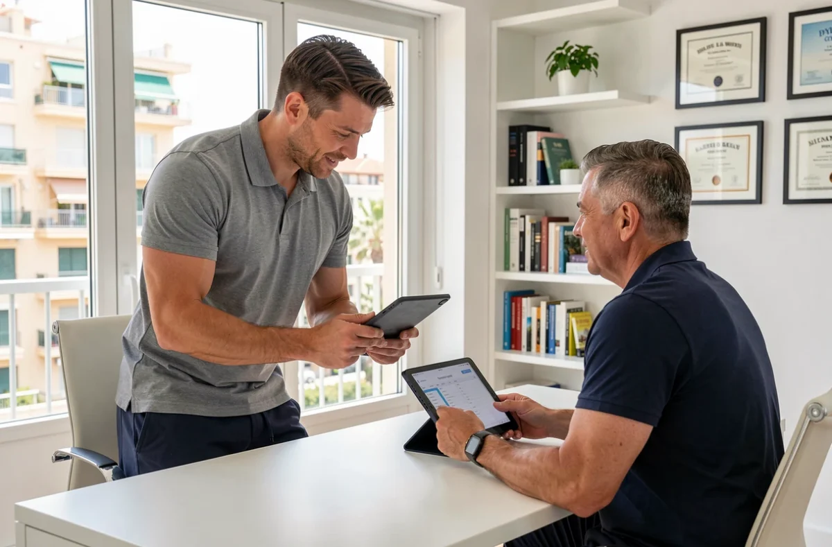 Pierre-Antoine Coaching consultant avec un client autour d'un plan d'entraînement personnalisé dans un studio moderne à Nice