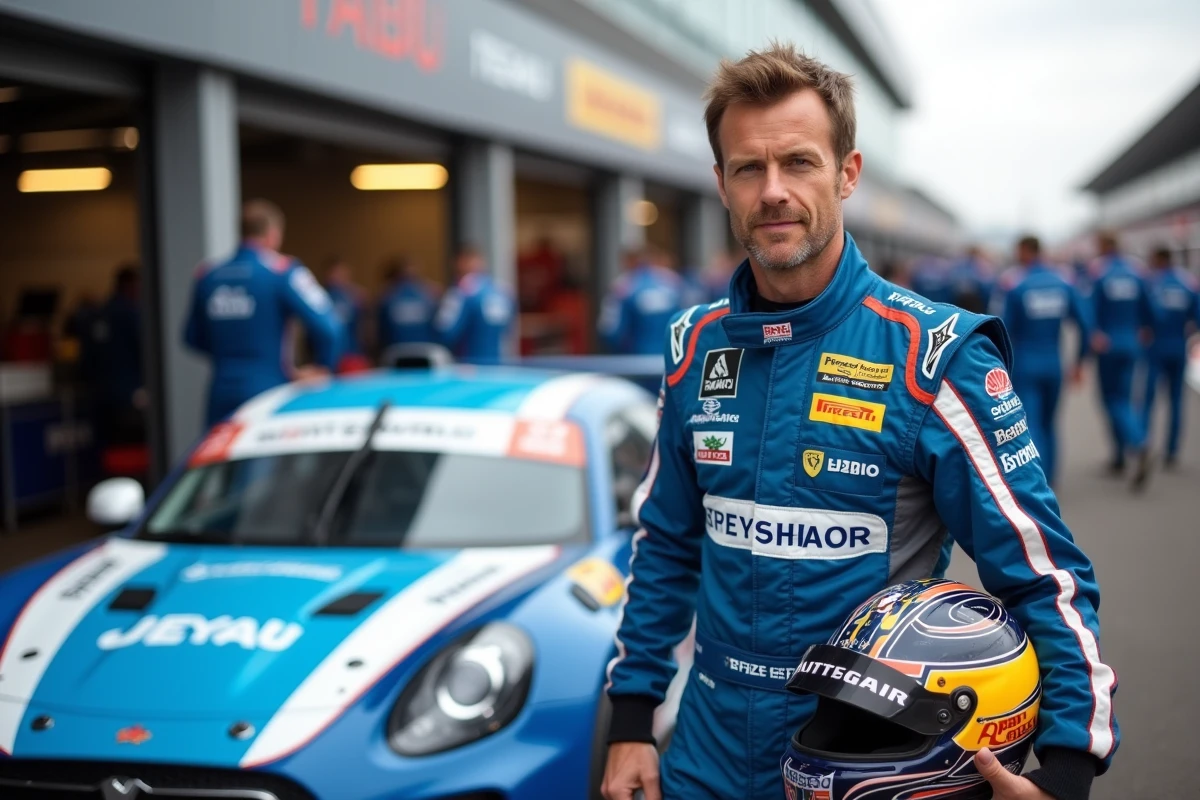 Pilote automobile en combinaison ignifugée dans le paddock à côté de sa voiture de course lors d'un événement du week-end