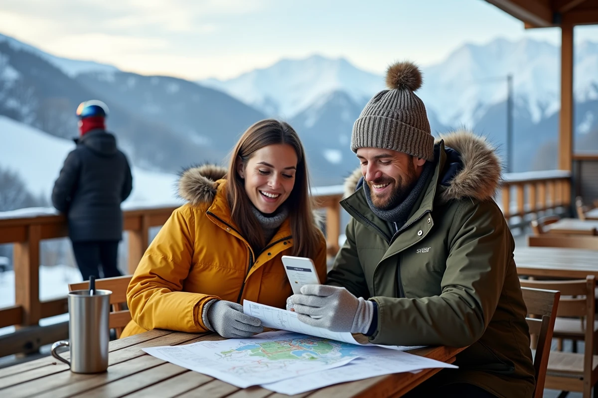 Couple de skieurs planifiant leur budget forfait sur la terrasse d'un restaurant de montagne aux Arcs