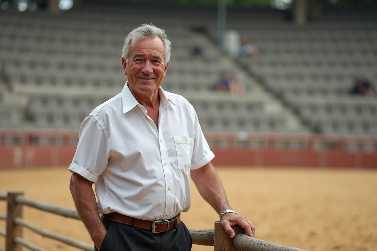 Portrait d'un raseteur professionnel tenant son crochet devant la piste d'une arène de course camarguaise