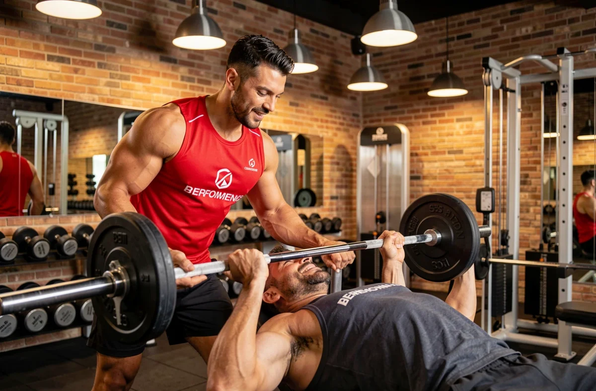 Entraîneur ProTrainer Cannes Le Cannet supervisant un exercice de développé couché dans une salle de sport privée moderne