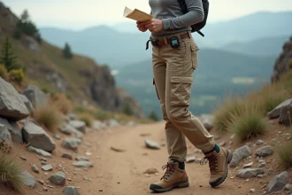 Randonneuse consultant une carte et un podomètre sur un sentier de montagne pour préparer un trek en convertissant ses pas en kilomètres