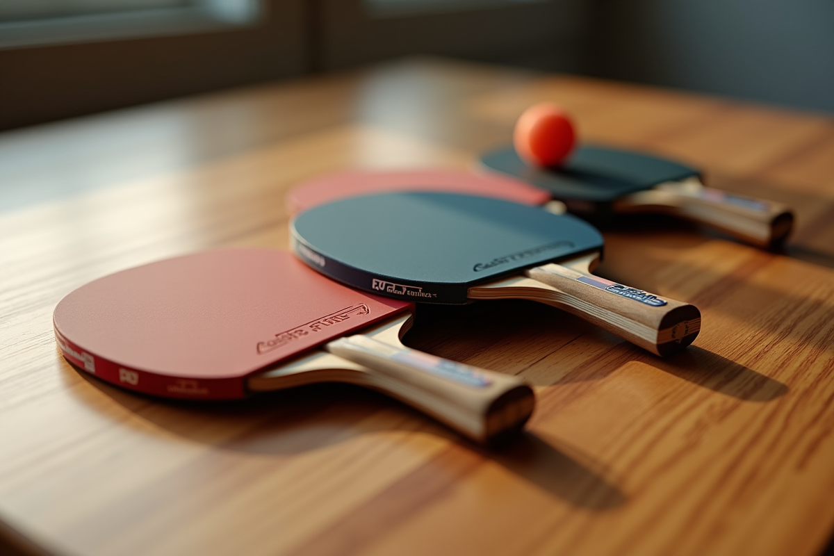 Plusieurs raquettes de tennis de table avec caoutchouc sur une table en bois
