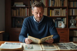Homme consultant d'anciens journaux sportifs et albums photo dans un bureau à domicile, recherchant des articles de la Gazette Sport d'Amiens