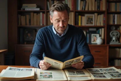Homme consultant d'anciens journaux sportifs et albums photo dans un bureau à domicile, recherchant des articles de la Gazette Sport d'Amiens