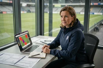 Recruteuse de football féminin analysant des données statistiques et des heatmaps sur un ordinateur portable dans une tribune de stade professionnel