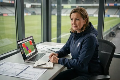 Recruteuse de football féminin analysant des données statistiques et des heatmaps sur un ordinateur portable dans une tribune de stade professionnel