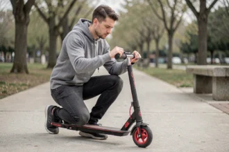 Homme réglant la hauteur du guidon d'une trottinette urbaine Urban Glide 140 dans un parc citadin
