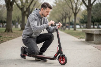 Homme réglant la hauteur du guidon d'une trottinette urbaine Urban Glide 140 dans un parc citadin