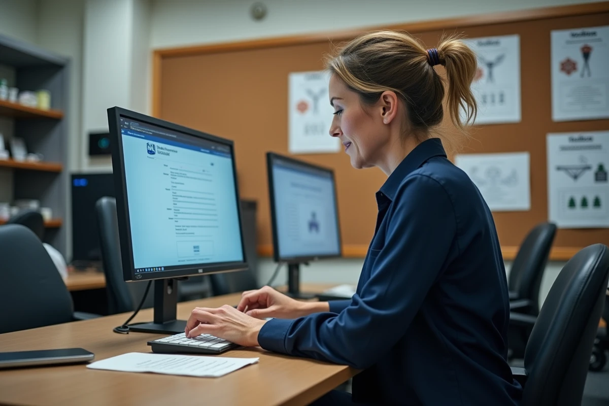Responsable de club judo gérant les inscriptions sur l'extranet fédéral depuis un bureau administratif