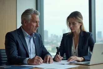 Deux professionnels en réunion d'affaires discutant d'un contrat de sponsoring d'entreprise autour d'une table de conférence moderne