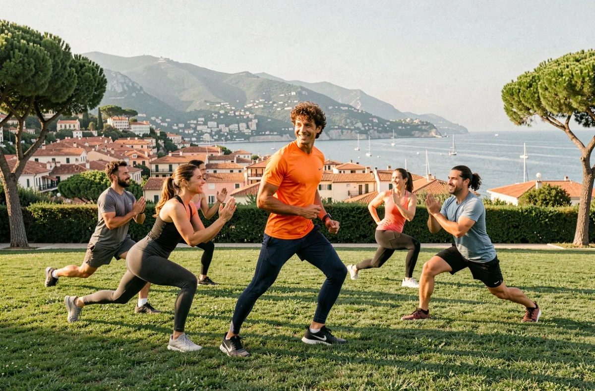 Romain Marsaleix Coach Sportif animant un bootcamp en plein air en groupe sur une colline surplombant Monaco