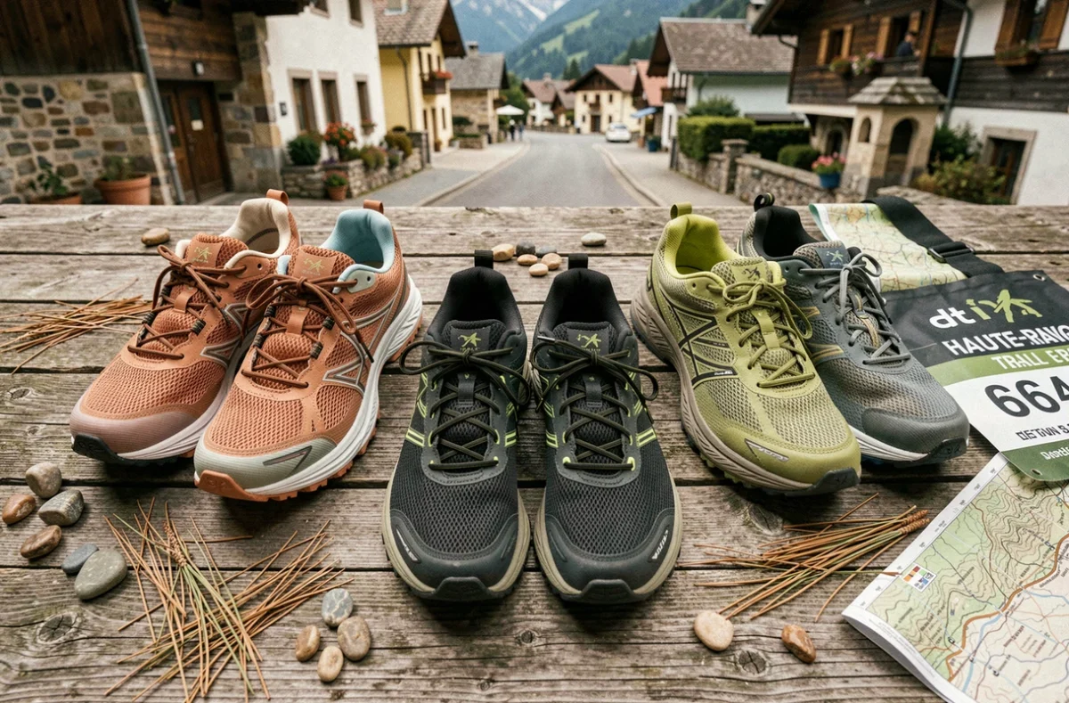 Plusieurs paires de chaussures de trail posées sur une surface en bois rustique avec accessoires de randonnée, sélection trailrunningstore près de Sillingy en Haute-Savoie