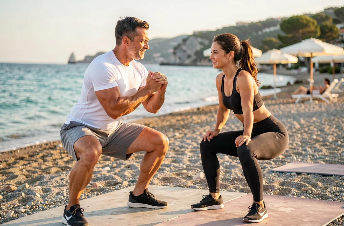Siméon Simeonov coach sportif guidant une cliente lors d'un entraînement en plein air sur la côte d'Azur