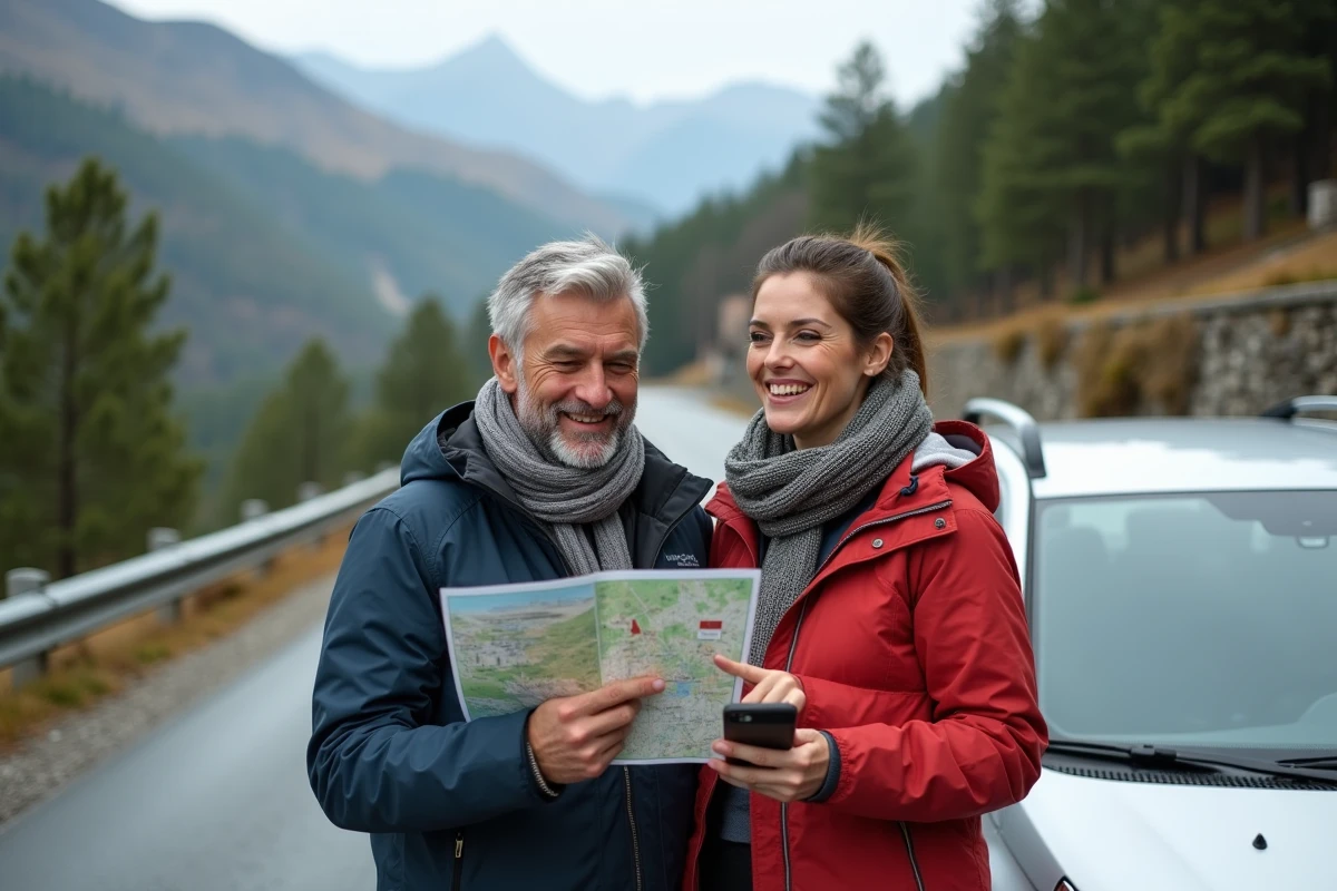 Couple de spectateurs de rallye consultant une carte et un calendrier imprimé au bord d'une route de montagne