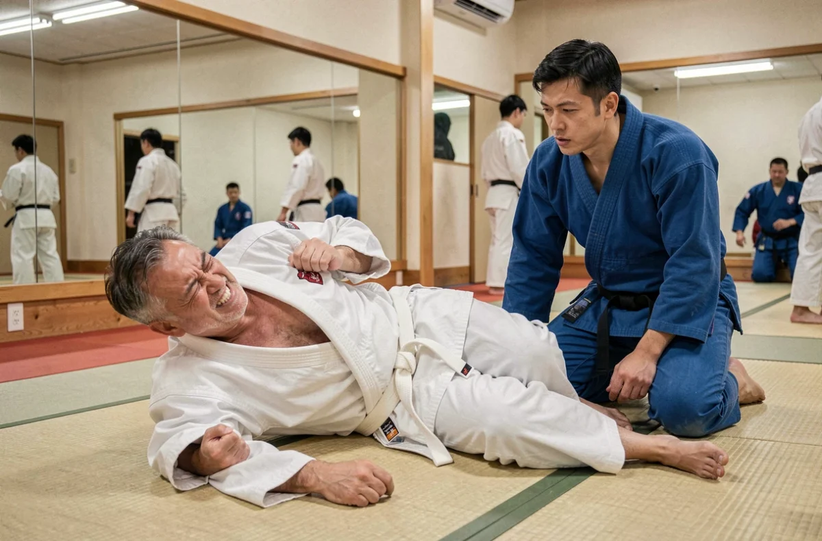 Un homme d'une quarantaine d'années en kimono de judo blanc allongé sur le tatami après une chute, illustrant les risques de blessure dans les sports de combat pour les débutants tardifs