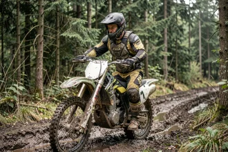 Un homme de plus de 40 ans en tenue de motocross assis sur une moto tout-terrain face à un sentier accidenté en forêt, illustrant les risques du sport extrême après 40 ans