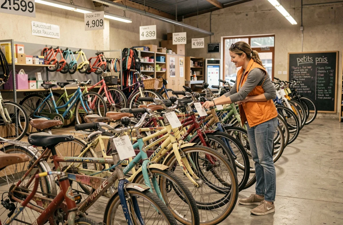 Employée étiquetant des vélos d'occasion à petits prix dans le magasin Sport Eco Cycle à Beaucouzé