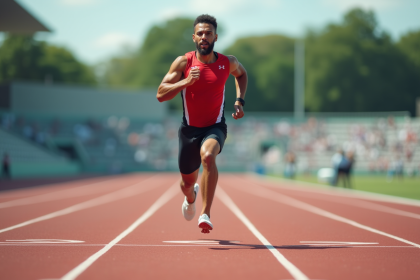 Sprinteur homme en pleine course sur piste rouge lors d'une compétition