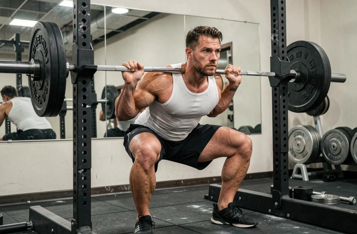 Homme musclé en position basse d'un squat barre dans une salle de musculation, vue en angle large au niveau du sol
