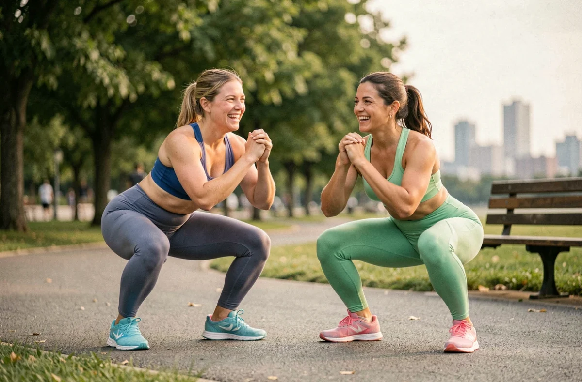 Deux femmes réalisant des squats au poids du corps en plein air dans un parc urbain, ambiance entraînement convivial