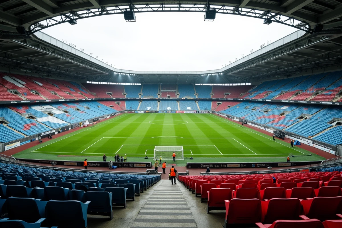 Stade de football de Ligue 1 vide avec des agents de maintenance inspectant les infrastructures, illustrant les coûts opérationnels des clubs à budget limité