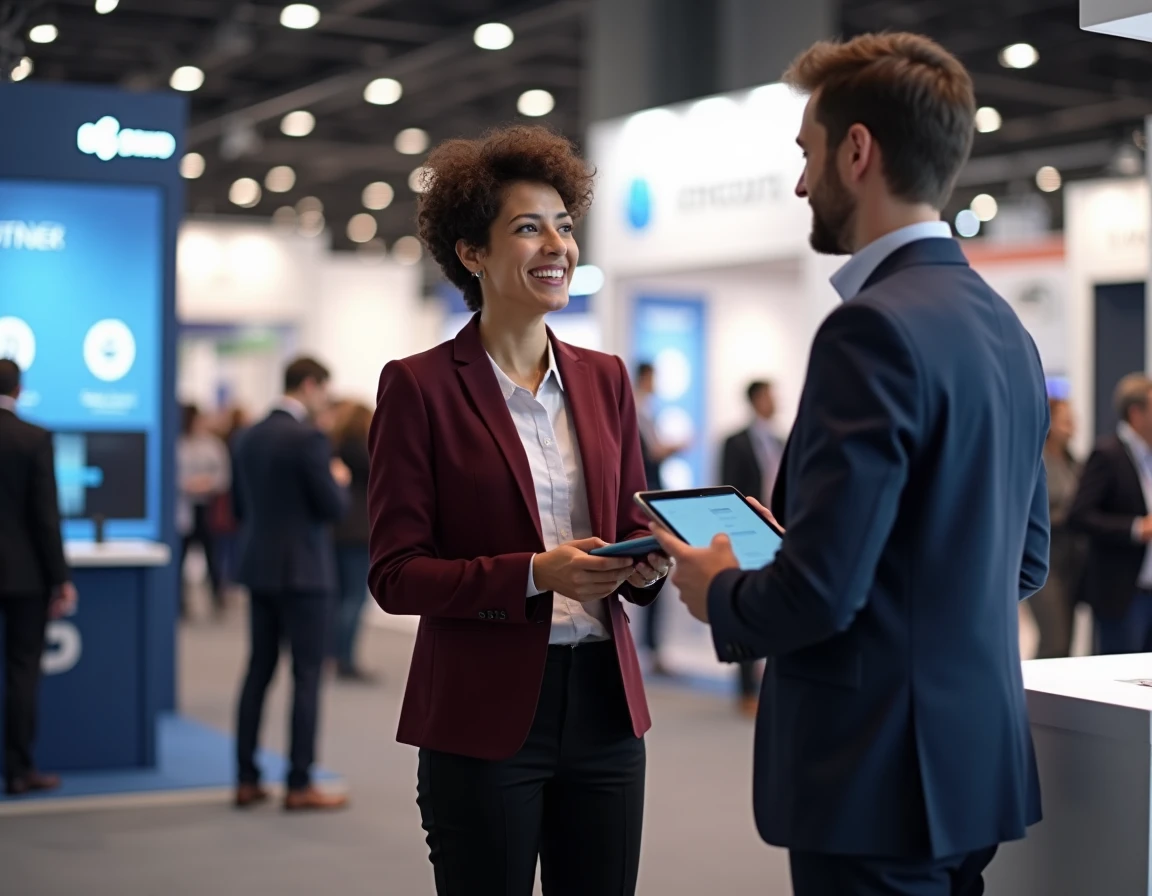 Professionnelle présentant une offre de sponsoring à un stand d'exposition lors d'un salon d'entreprise