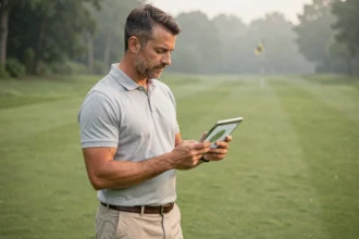 Golfeur consultant une stratégie de parcours sur tablette sur un fairway verdoyant