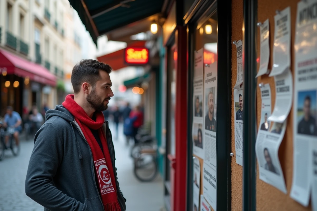 Jeune supporter amiénois consultant des coupures de presse sportive affichées sur un panneau en plein air dans une rue française