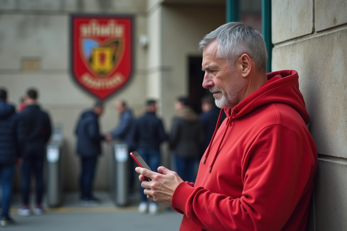 Supporter du Sporting Club Aubagne Air Bel consultant la page des réseaux sociaux du club sur son smartphone devant le stade