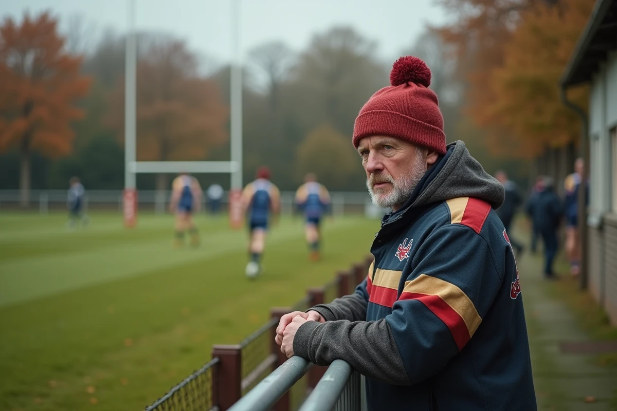 Supporter de rugby Fédérale 1 agrippé à la barrière de touche observant le match dans un stade régional en automne