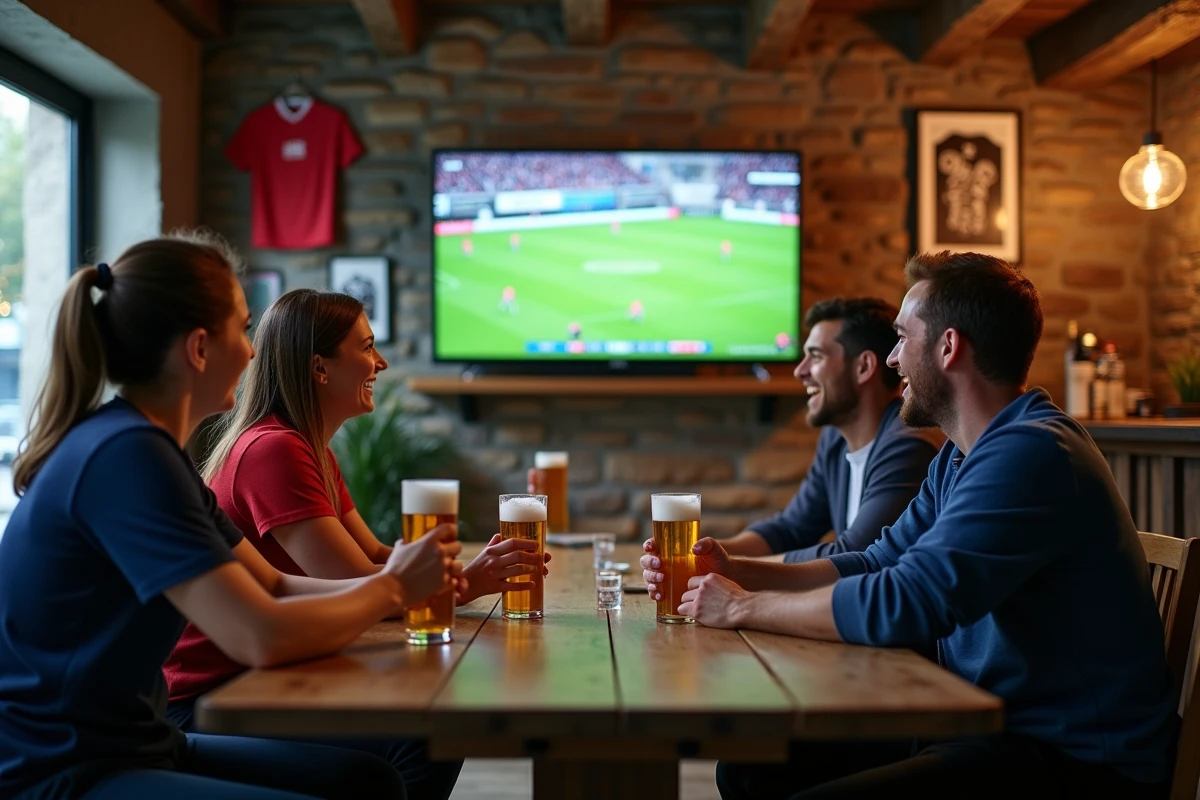 Groupe de supporters regardant un match de rugby Fédérale 1 dans un club-house provincial avec écran et bières
